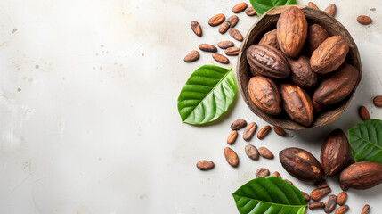 Alkalized cocoa beans in a bowl with green leaves on light textured background, copy space. Flat lay of cocoa beans and leaves on white surface. Dried cacao beans artfully 
