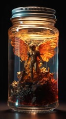 AI generated illustration of a bronze sculpture of an angel in a glowing glass jar - obrazy, fototapety, plakaty