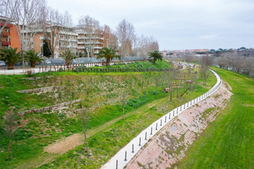 View of Marconi park in Rome, Italy. The park is built on the Tiber riverfront near the Ostiense district.