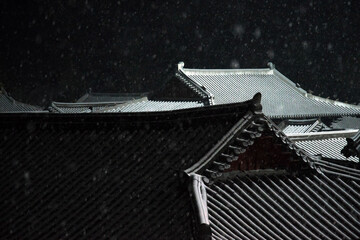 View of the old traditional Korean buildings at night in winter