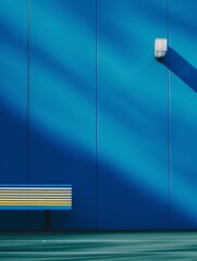 Minimalist urban scene with blue wall and striped bench, ideal for bold graphic mockups and product staging