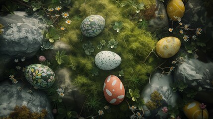 Obraz na płótnie Canvas Painted and decorated Easter eggs on a background of moss, flowers and stones. Earthy colors palette. Easter celebration concept.