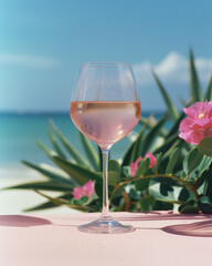 Rose wine in an elegant glass is placed  with a palm branch by the sea. The sunlight passes through the glass and reflects the light onto the table. Magazine photography.