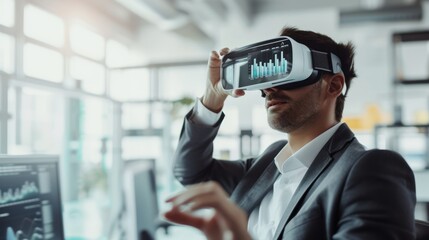 Businessmen using VR glasses to view financial documents, graphs, and tables online, financiers inside the office at the workplace, modern, VR, future, gadgets, and technology.
