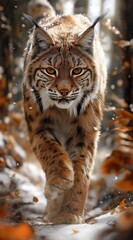 Fototapeta premium a lynx walks in the forest and looks into the camera created by AI