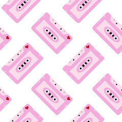 Seamless pattern of pink cassettes. Retro illustration in y2k style.