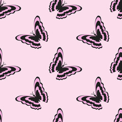 Seamless pattern with pink-black butterflies. Vector illustration in y2k style.