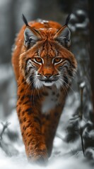 Fototapeta premium a lynx walks in the forest and looks into the camera created by AI
