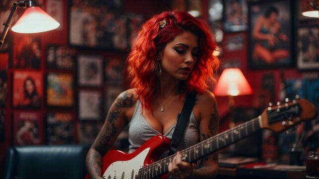 a beautiful woman is playing electric guitar in a room full of posters and a collection of vinyl records, tattooed woman generative AI	
