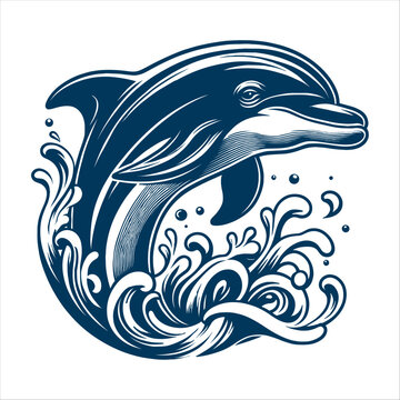 Dolphin jumping on the wave. generative ai, Monochrome dolphin isolated on white background. Logo template.