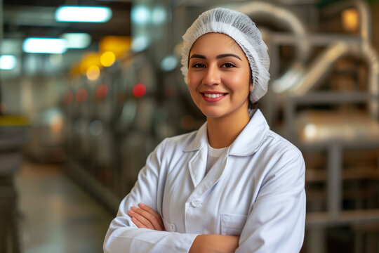 Authority and Warmth: Woman in Lab Coat at Factory - Powered by Adobe