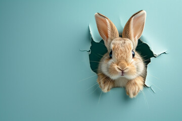 A rabbit showing its head through a hole in a paper wall