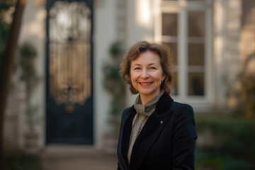 Fototapeta premium Business Success: Middle-aged Woman Grinning Outside New Office
