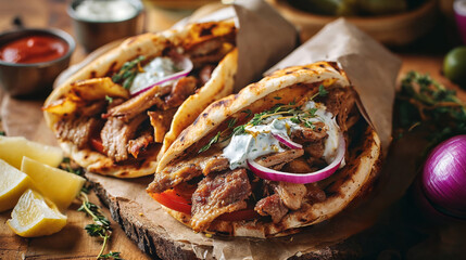 Gyro pita, shawarma, Traditional greek turkish, meat food closeup - obrazy, fototapety, plakaty