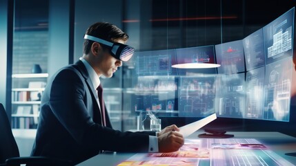 Businessmen using VR glasses and laptops on work desks to view financial documents, graphs, and tables online, financiers inside the office at the workplace, future, gadgets, neon sty. - obrazy, fototapety, plakaty