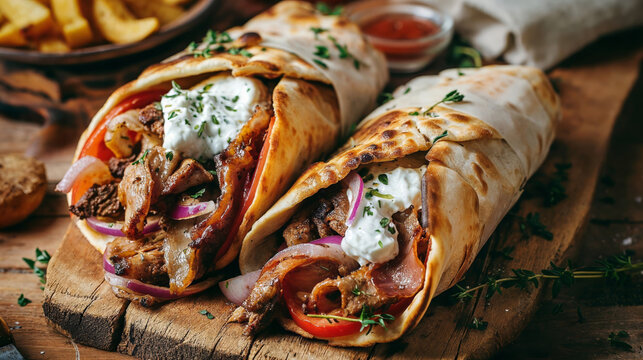 Gyro pita, shawarma, Traditional greek turkish, meat food closeup