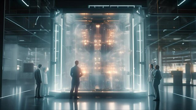 Data scientists work in a modern office of a technology company on the development of a quantum computer. Science, technology, big data concept.