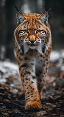 Obraz premium a lynx walks in the forest and looks into the camera created by AI
