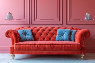 Comfortable sofa and stylish lamp near pink wall.