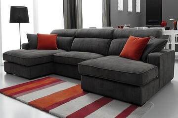 Comfortable couch with orange and red pillow in spacious living room interior, real photo with copy space on the empty white wall.