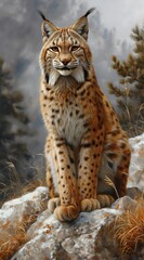 Naklejka premium a lynx walks in the forest and looks into the camera created by AI