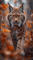 Obraz premium a lynx walks in the forest and looks into the camera created by AI