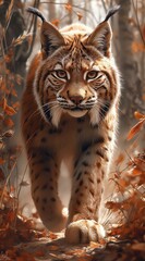 Obraz premium a lynx walks in the forest and looks into the camera created by AI