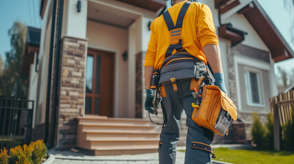 Back of professional handyman or repairman with bag and tools walking into the front door house