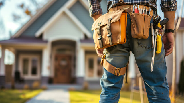 Back of professional handyman or repairman with bag and tools walking into the front door house