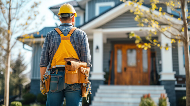 Back of professional handyman or repairman with bag and tools walking into the front door house