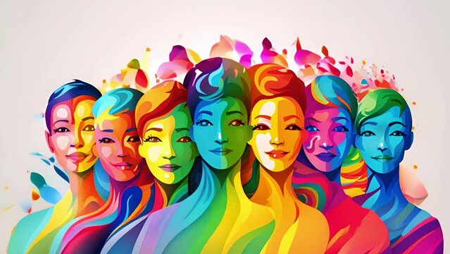 Diversity in Society concept. LGBT and LGBTQ rainbow in bright design. Rainbow flag for lgbtq community, freedom and smiles, pride parade. Group or young non-binary people, gay, trans and queer.