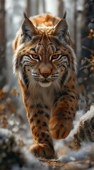 Fototapeta premium a lynx walks in the forest and looks into the camera created by AI