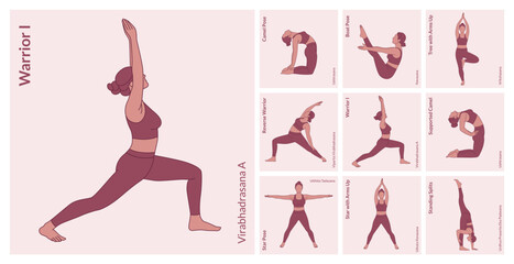 Yoga Workout Set. Young woman practicing Yoga poses. Woman workout fitness, aerobic and exercises.