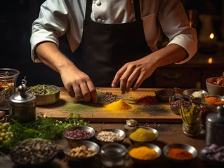 Foto op Canvas Hands professional cook in uniform add some spices to dish, decorating delicious meal for guests in restaurant  © Business Pics