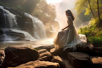 A model exuding natural charm in everyday attire, captured in the soft glow of morning light against a picturesque waterfall.