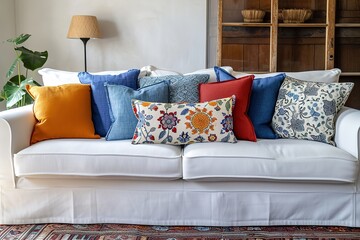 decorative pillows on white sofa in lounge room with bohemian style.