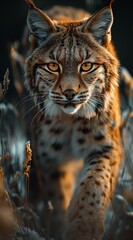 Obraz premium a lynx walks in the forest and looks into the camera created by AI