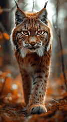 Fototapeta premium a lynx walks in the forest and looks into the camera created by AI