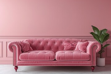 Elegant sofa in the empty pink room with copy space.