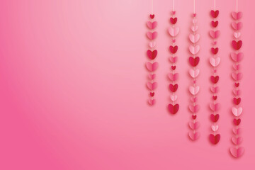 Fototapeta premium Happy greeting red pink hanging hearts like border Cut paper effect 14 february Valentine's card Gradient template love concept romantic pink background Copy space Monochrome design Wedding invitation