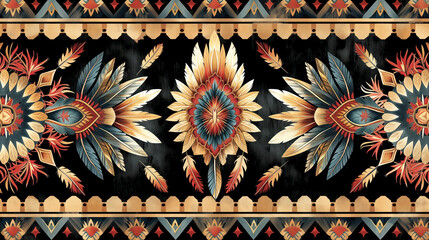 Seamless ethnic pattern in motives of the North American Indians, hand-painted details with black background