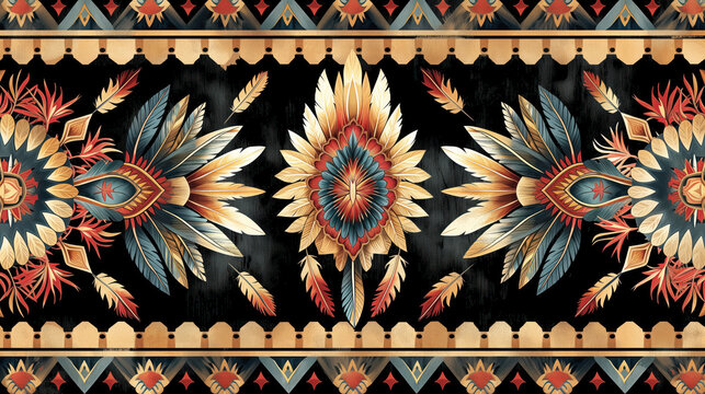 Seamless ethnic pattern in motives of the North American Indians, hand-painted details with black background