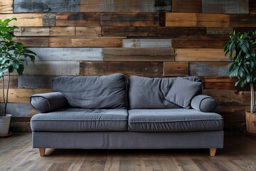 graues Sofa vor Holzwand.