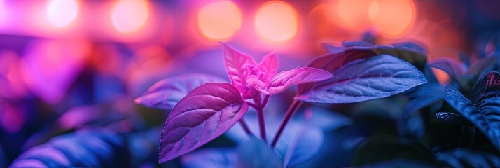 Houseplants growing under LED grow lights with full spectrum of colors to promote  supplemental vegetation growth
