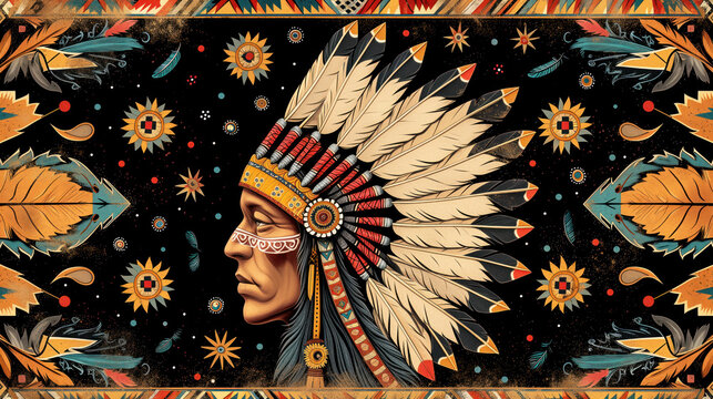 Seamless ethnic pattern in motives of the North American Indians, hand-painted details with black background