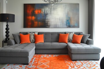 Gray and orange modern lounge.
