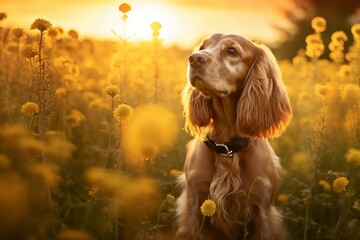 English cocker spaniel dog sitting in meadow field surrounded by vibrant wildflowers and grass on sunny day ai generated