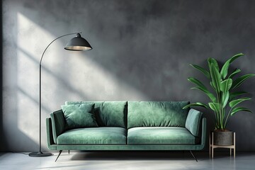 green sofa with pillow near metal modern floor lamp.