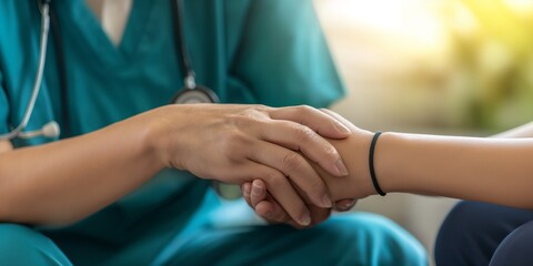 Empathy, trust and nurse holding hands with patient for help, consulting support and healthcare advice. Kindness, counseling and medical therapy in nursing home for hope, consultation and psychology - obrazy, fototapety, plakaty