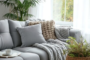Grey couch with blanket.